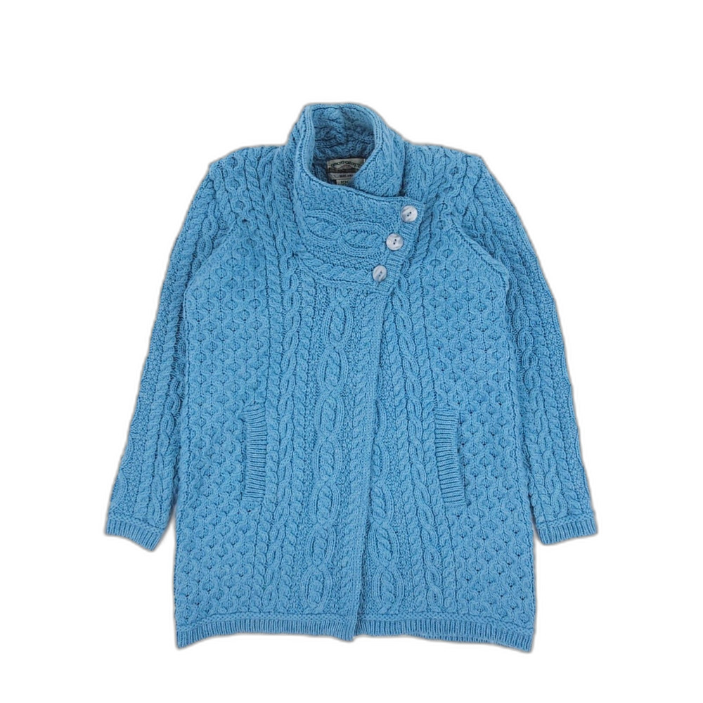 ARAN CRAFTS Aran Cable Crossover Neck Sweater Blue Boho Lagenlook Heritage Lagom